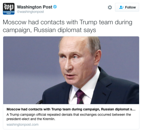 "Moscú mantuvo contacto con Trump y su equipo durante la campaña. Asegura diplomático ruso" (Vía micdotcom.tumblr.com)