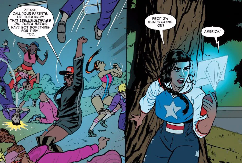 America Chavez luchando junta a las leelumultipass phi theta betas