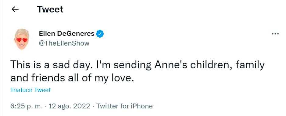 Tweet de Ellen sobre Anne Heche