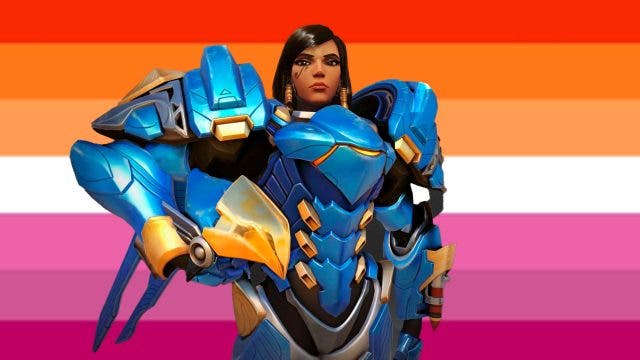 Fareeha Amari con la bandera lésbica de fondo