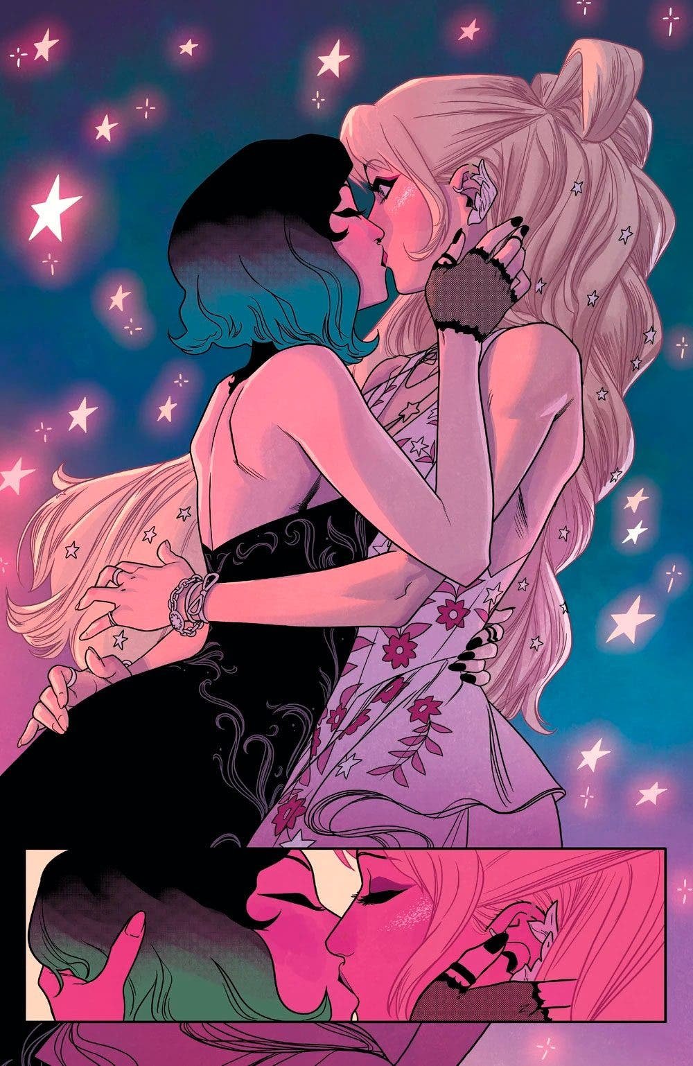 Nico Minoru y Karolina Dean besándose en el cómic