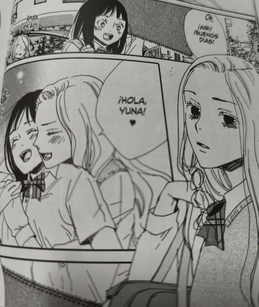 Airi y Yuna en Zona de Putrefacción -- Airi abraza a Yuna en cuanto la ve en la entrada del instituto