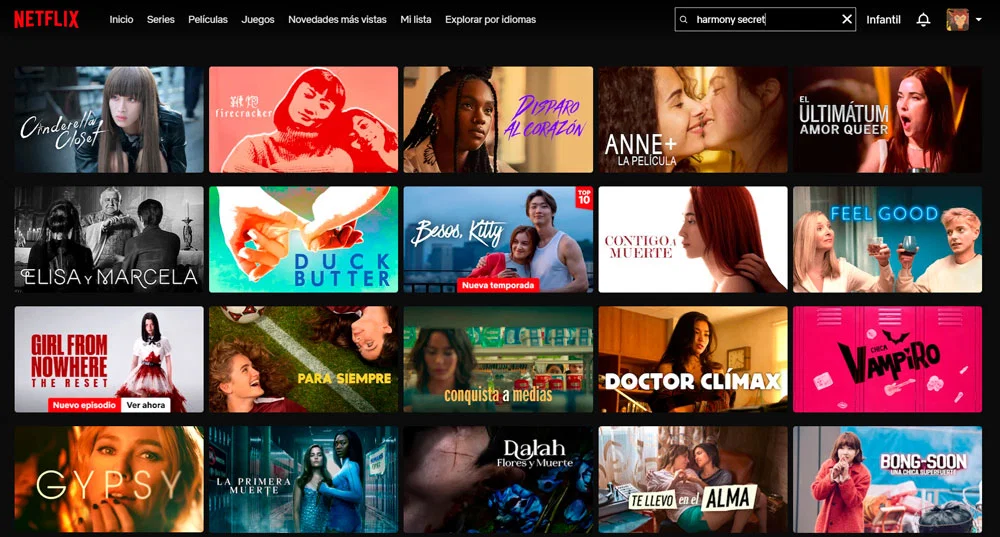 Pantallazo de la busqueda de "Harmony Secret" en Netflix España
