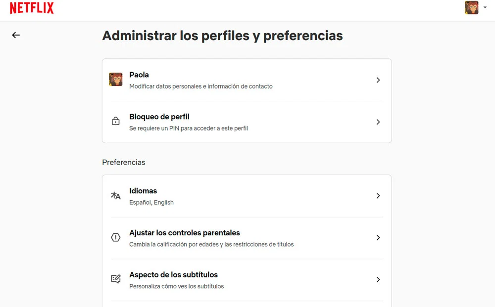 pantalla opciones de perfil en Netflix