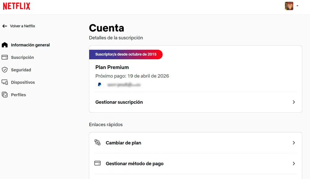 Pantallazo de las opciones de cuenta de Netflix