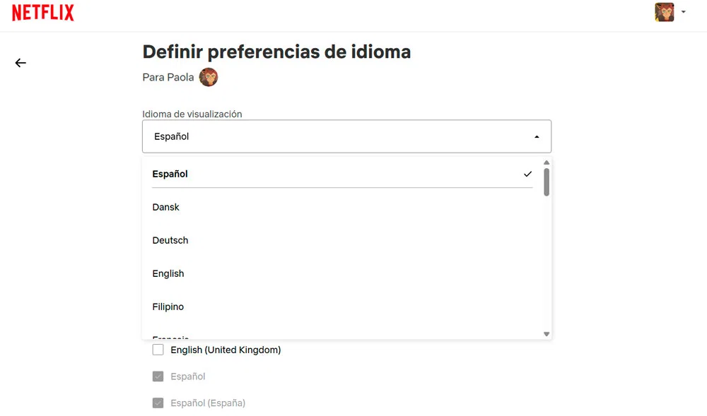 pantallazo de las preferencias de idioma en Netflix