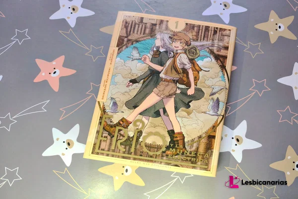 Porta del manga yuri Erio y la muñeca electrica sobre un fondo de estrellas